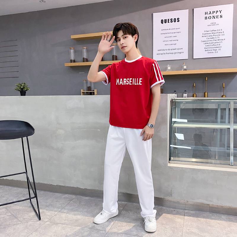 Red over white pants